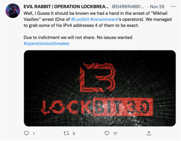 Twitter user D4RKR4BB1T47 claimed that they had contributed to the arrest of a LockBit operator on November 29